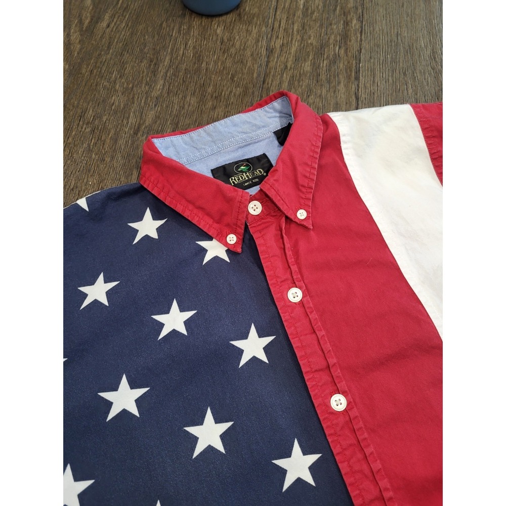 Red Head Shirt Mens XL USA Flag‎ All Over Print Button Up Short Sleeve Quality